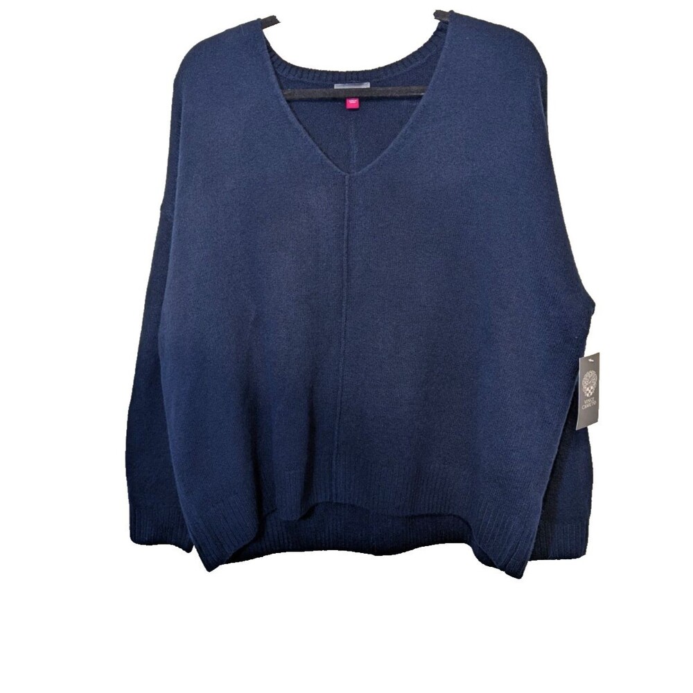 VINCE CAMUTO Sweater Navy Blue Front Seam Long Sleeve V Neck Size XL